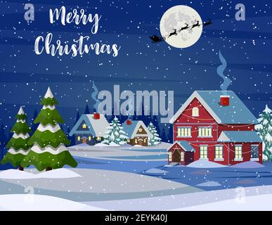 Der Weihnachtsmann fliegt im Schnee über das Haus. Stock Vektor
