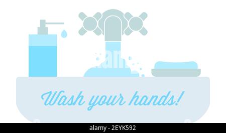 Wash Your Hands Waschbecken Poster Design. Persönliche Hygiene. Desinfektion, Hautpflege, antibakterielles Waschen. Illustration. Stockfoto