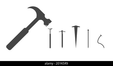 Zimmermannhammer und verschiedene Arten von Nägeln. Gebogener Nagel. Silhouette Illustration. Stockfoto