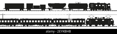 Güterzug mit Diesellokomotive, Personenzug mit Elektrolokomotive. Schwarze Silhouette auf Weiß isoliert. Eisenbahnverkehr Kunst. Stockfoto