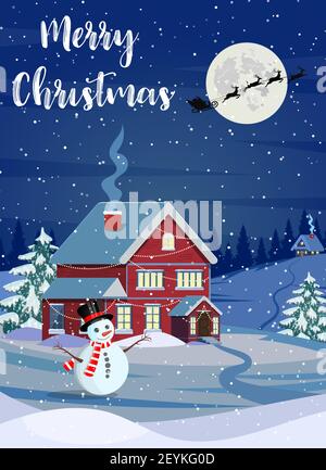 Der Weihnachtsmann fliegt im Schnee über das Haus. Stock Vektor