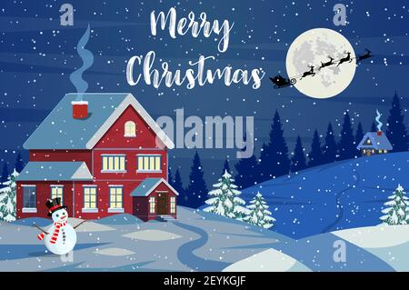 Der Weihnachtsmann fliegt im Schnee über das Haus. Stock Vektor