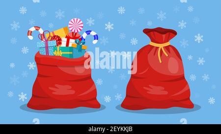Volle Geschenk offen und geschlossen weihnachtsmann rote Tasche. Stock Vektor