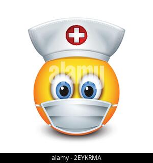 Cute Krankenschwester emoticon trägt Hut und chirurgische Maske - emoji - isolierte Vektordarstellung Stock Vektor