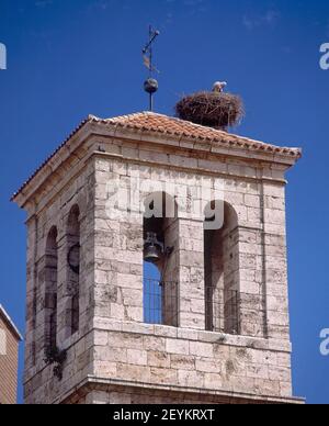 TORRE CAMPANARIO CON NIDO DE CIGÜEÑAS -. Lage: ST. PETER'S KIRCHE. CAMARMA DE ESTERUELAS. MADRID. SPANIEN. Stockfoto