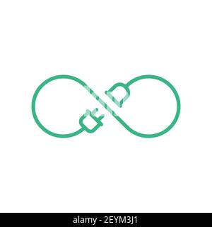 Unendliches Schild mit Stecker und Steckdose. Nachhaltiges Energiekonzept. Alternative Energiequellen. Grünes Symbol für unbegrenzte Leistung. Effizient und umweltfreundlich Stock Vektor