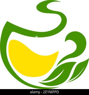 Tee mit Zitrone isoliert kreativen Logo. Vector Kräutergetränk mit Zitrusfrüchten und Gartenkräutern Stock Vektor