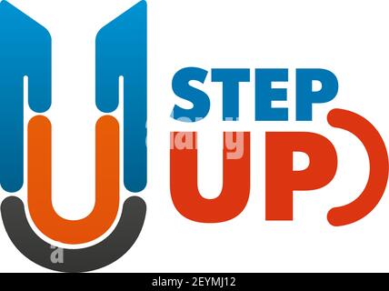 Step-Up Konzept Vektorzeichen. Vektor-Emblem für Coaching Unternehmen. Symbol des Fortschritts und des Aufstiegs. Kreatives Design für den Erfolg Unternehmen zu steigern. Stock Vektor