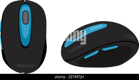 Schwarze und blaue drahtlose Computermaus isoliert auf weißem Hintergrund, Vektorgrafik oder Clip Art für Design. Desktop-Computer-Maus Stock Vektor