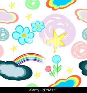 Vektor bunte Cartoon Hintergrund mit Regenbogen, Blumen, Sterne und Wolken. Nahtloses Muster Stock Vektor