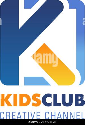 Kids Club kreative Kanal Vektor-Zeichen. Blaues und gelbes kreatives Zeichen für Kinder Unterhaltung Platz. Spielzentrum für Kinder Konzept. Abstraktes Design Stock Vektor