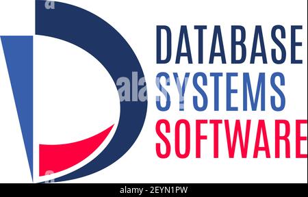 Vektorzeichen der Datenbanksystem-Software. Datenbank-, Entwicklungs- und IT-Technologiekonzept. Computersystem Firmenemblem. Vektorabzeichen für Software-Entwicklung Stock Vektor