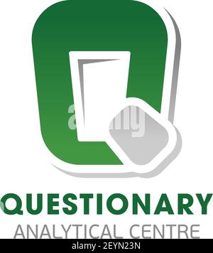 Questionary analytisches Zentrum Vektor-Zeichen. Kreatives Symbol für Analysedaten Unternehmen. Abstraktes grünes und graues Farbabzeichen isoliert auf weißem Hintergrund Stock Vektor