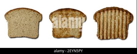 Die drei Scheiben Brot in verschiedenen Stufen des Toastens - das Konzept des schrittweisen Toastprozesses Stockfoto
