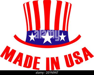 Hergestellt in USA Vektor-Schild mit Hut. Emblem hergestellt in den USA in roten und blauen Farben isoliert auf weißem Hintergrund. Abzeichen für Branding Amerika Produktion. Patri Stock Vektor