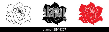 Handgezeichnetes Rose Set. Schwarze Silhouetten, rote Silhouetten und schwarze Umrisse auf weißem Hintergrund. Set mit floralen Symbolen. Vektorgrafik. Stock Vektor