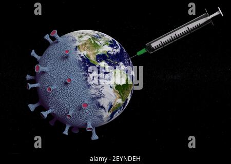 Planet Erde mit Coronavirus-Form erhält nach der Impfung wieder sein normales Aussehen. 3D Abbildung. Stockfoto