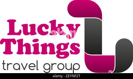 Lucky Things travel Group Creative Emblem. Vektor-Zeichen in Magenta und grauen Farben für Tourismus-Unternehmen oder Gruppe von Unternehmen. Reisen Sie um die Welt conce Stock Vektor