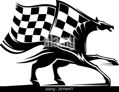 Racing Sport Maskottchen isoliert Pferd und karierte Flagge. Vector Pferderennen, monochromer Mustang Hengst Stock Vektor
