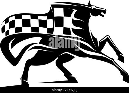 Racing Sport Maskottchen isoliert Pferd und karierte Flagge. Vector Pferderennen, monochromer Mustang Hengst Stock Vektor