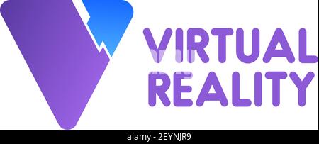 Virtual Reality Vektor-Zeichen isoliert auf weißem Hintergrund. Abstraktes Abzeichen für Virtual Reality Game Club, Konzept des modernen Geräts. Kreatives Design, con Stock Vektor