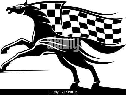 Pferderennen-Ikone mit karierter Flagge und Hengst. Vector Running Mustang, Pferdesport Maskottchen Stock Vektor