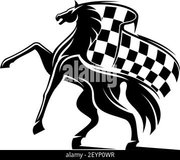 Pferderennen-Ikone mit karierter Flagge und Hengst. Vector Running Mustang, Pferdesport Maskottchen Stock Vektor