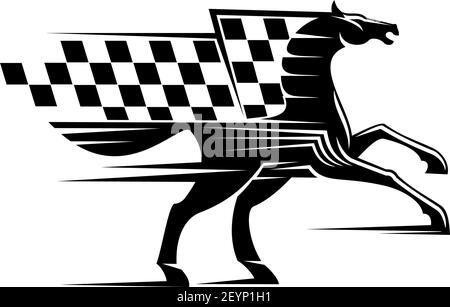 Pferderennen-Ikone mit karierter Flagge und Hengst. Vector Running Mustang, Pferdesport Maskottchen Stock Vektor