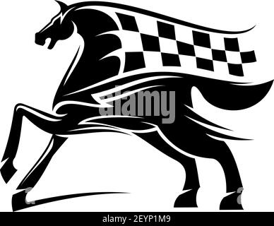 Pferderennen-Ikone mit karierter Flagge und Hengst. Vector Running Mustang, Pferdesport Maskottchen Stock Vektor
