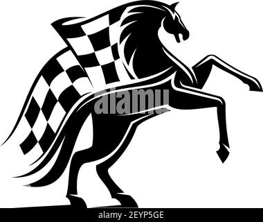 Pferderennen-Ikone mit karierter Flagge und Hengst. Vector Running Mustang, Pferdesport Maskottchen Stock Vektor