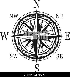 Seekompass- oder Windrose-Vektorsymbol. Isolierte Symbole des nautischen Retro-Navigatorkompass mit Winden Namen von Ost, West, Nord und Sou Stock Vektor