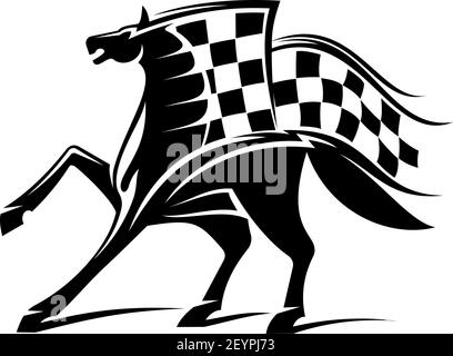 Pferderennen-Ikone mit karierter Flagge und Hengst. Vector Running Mustang, Pferdesport Maskottchen Stock Vektor
