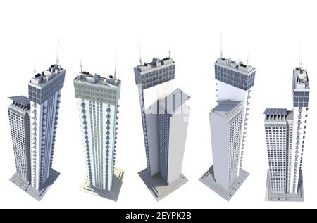 Set von 5 Renderings von fiktionalem Design städtischen Wolkenkratzern Wohntürme mit Himmel Reflexion - isoliert auf weiß, Ansicht von oben 3D Illustration von Archi Stockfoto