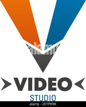 Videostudio-Symbol für Visitenkartenvorlage mit Markenwerbung. Modernes Symbol des Buchstaben V, bestehend aus roten und blauen geometrischen Figuren für Multimedia te Stock Vektor