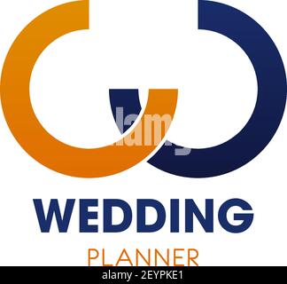 Wedding Planner Emblem mit abstrakten Buchstaben W. Gelb und blau geschwungene Linie in Form von W Alphabet Symbol für Engagement Event Planung Service busines Stock Vektor