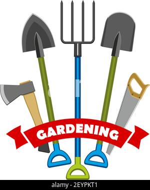 Vector Sammlung von Gartengeräten. Gartenarbeit Werkzeuge wie Axt, Schaufel, Säge und Rechen oder Gabeln. Ausrüstung für die Arbeit im Garten. Farbenfrohes Abzeichen mit Stock Vektor