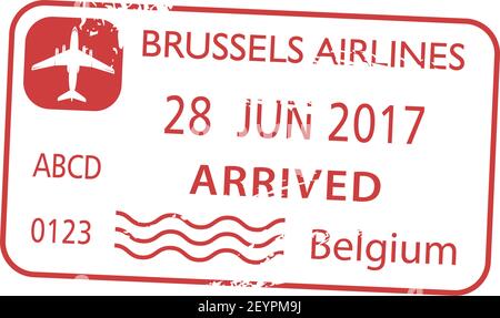 Belgien Visa-Stempel isoliert, von Brussels Airlines angekommen. Vector Grunge Passkontrolle Zeichen Stock Vektor