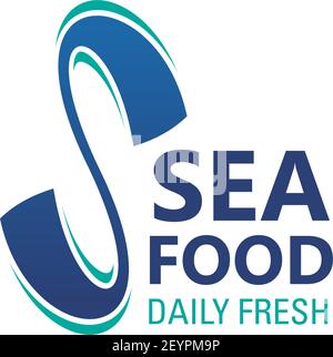 Seafood Symbol für täglich frische Meeresfrüchte Emblem Design. Restaurant und Fischmarkt Corporate Identity Schriftart Alphabet Buchstaben S, bestehend aus blauen Ozean w Stock Vektor