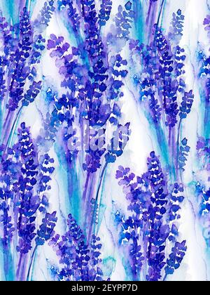 Seampless Muster Kräuter und Blumen mit violettem Aquarell bemalt. Lavendel Aquarellmuster. Stockfoto