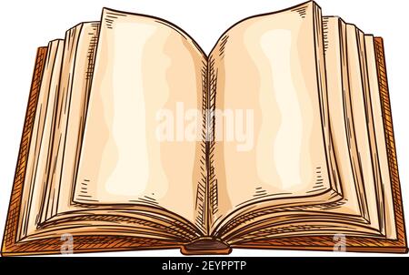 Buch mit leeren Seiten in Hardcover isolierte Skizze. Vektor leere Seiten von Lehrbuch, alte Literatur, Zeichen der Bibliothek oder Buchhandlung. Notizbuch Weisheit SIG Stock Vektor