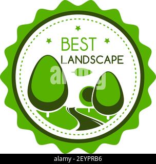 Beste Landschaft Auszeichnung oder Qualitätsabzeichen für grüne Natur Landschaftsgestaltung Unternehmen. Vector Star Zertifikat Symbol der grünen Bäume in Parklandschaft für grüne h Stock Vektor