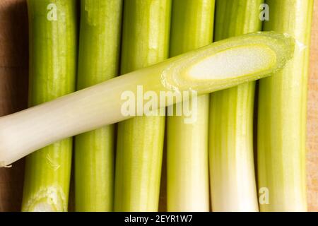 Arrangement von grünen Zwiebeln als Gewürz für gesundes, vegetarisches, veganes Kochen mit weniger Fett Stockfoto