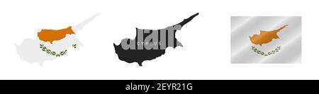 Zypern. Karte mit maskierter Flagge. Detailreiche Silhouette. Winkende Flagge. Illustration isoliert auf weiß. Stockfoto
