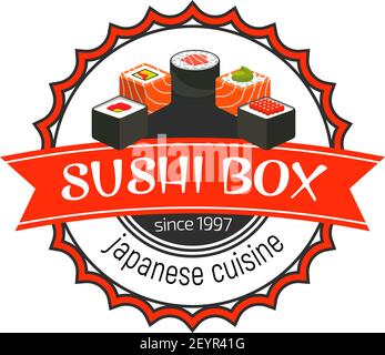 Japanisches Sushi-Box-Symbol für japanische Küche im Restaurant- oder Bardesign. Vector isolierte Sushi-Rolle mit Lachs roten Kaviar und Essstäbchen in roten Banner Rippe Stock Vektor