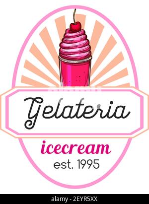 Eis-Ikone für Eisdielen mit Kirsche. Vector süße gefrorene Dessert Gelato oder Sorbet Schaufel in Wafer-Kegel für Café-Eis oder Stock Vektor