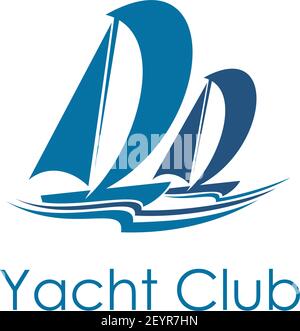 Yacht Club Symbol mit blauem Segelboot. Segeln Sportschiff und Boot unter voller Segel isoliert Symbol mit Meereswelle. Schifffahrt oder Wasserfahrzeug für SA Stock Vektor