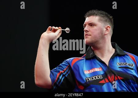 Daryl Gurney am zweiten Tag des Ladbrokes UK Open 2021 Turniers in der Marshall Arena, Milton Keynes. Bilddatum: Samstag, 6. März 2021. Stockfoto