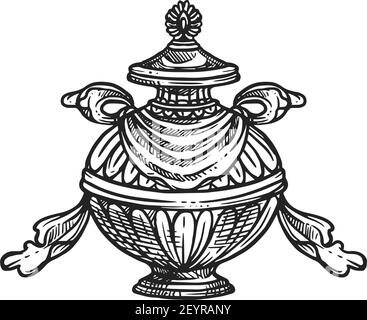 Buddhismus religiöses Symbol, Bumpa Vase. Buddhistische Anbetung, Hinduismus Dharma Religion Ritual Pumpa Vektor Skizze Stock Vektor