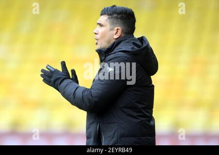 Watford, Großbritannien. März 2021, 06th. Watford Manager Xisco Munoz in Aktion während des Spiels. EFL Skybet Championship Match, Watford gegen Nottingham Forest im Vicarage Road Stadium in Watford am Samstag, 6th. März 2021. Dieses Bild darf nur für redaktionelle Zwecke verwendet werden. Nur redaktionelle Verwendung, Lizenz für kommerzielle Nutzung erforderlich. Keine Verwendung in Wetten, Spiele oder ein einzelner Club / Liga / Spieler Publikationen. PIC von Steffan Bowen / Andrew Orchard Sport Fotografie / Alamy Live News Kredit: Andrew Orchard Sport Fotografie / Alamy Live News Stockfoto