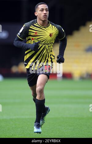 Watford, Großbritannien. März 2021, 06th. Joao Pedro von Watford in Aktion während des Spiels. EFL Skybet Championship Match, Watford gegen Nottingham Forest im Vicarage Road Stadium in Watford am Samstag, 6th. März 2021. Dieses Bild darf nur für redaktionelle Zwecke verwendet werden. Nur redaktionelle Verwendung, Lizenz für kommerzielle Nutzung erforderlich. Keine Verwendung in Wetten, Spiele oder ein einzelner Club / Liga / Spieler Publikationen. PIC von Steffan Bowen / Andrew Orchard Sport Fotografie / Alamy Live News Kredit: Andrew Orchard Sport Fotografie / Alamy Live News Stockfoto